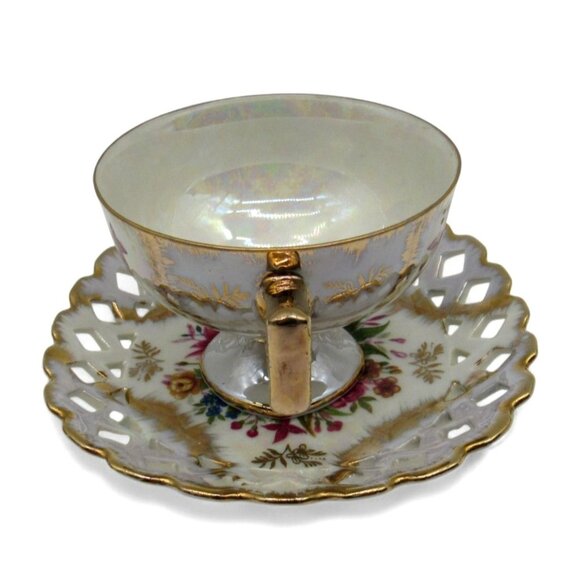 SHAFFORD Cup And Saucer Floral Design Gold Accents IRIDESCENT Finish Japan - Picture 4 of 11